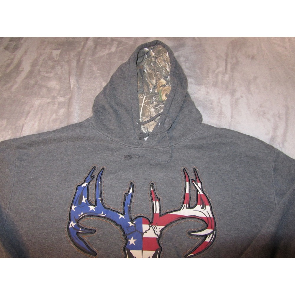 Buck Wear Mens XXL Gray Hoodie American Flag Deer Skull Camo Lined Sweatshirt
